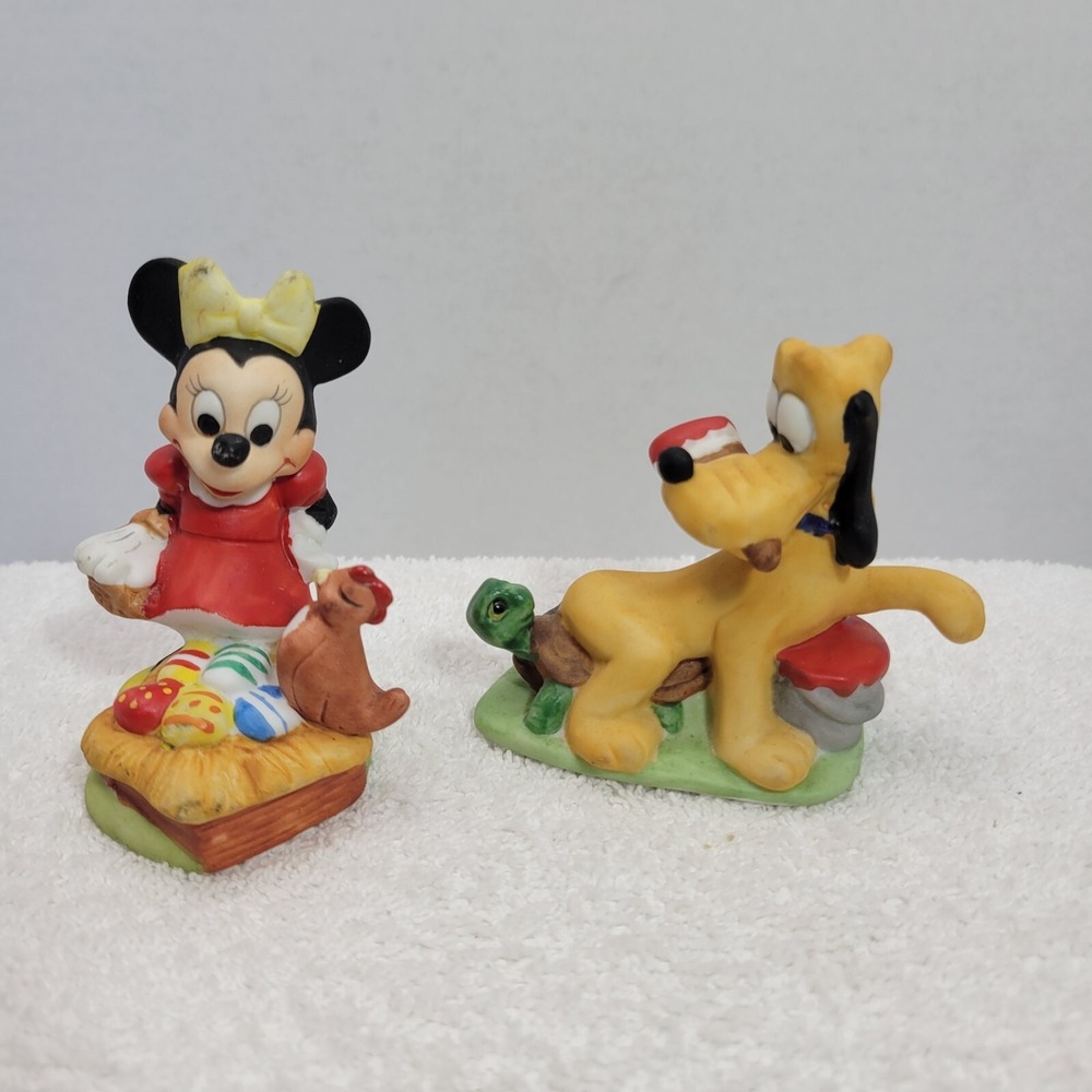 Walt Disney Productions Lot Of 2 Minnie With Colored Eggs Pluto With Turtle...